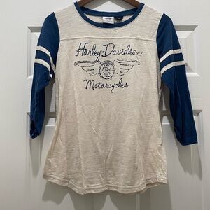Harley Davidson, 3/4 Sleeve Shirt Wings Blue Navy Blue Cream Raglan S